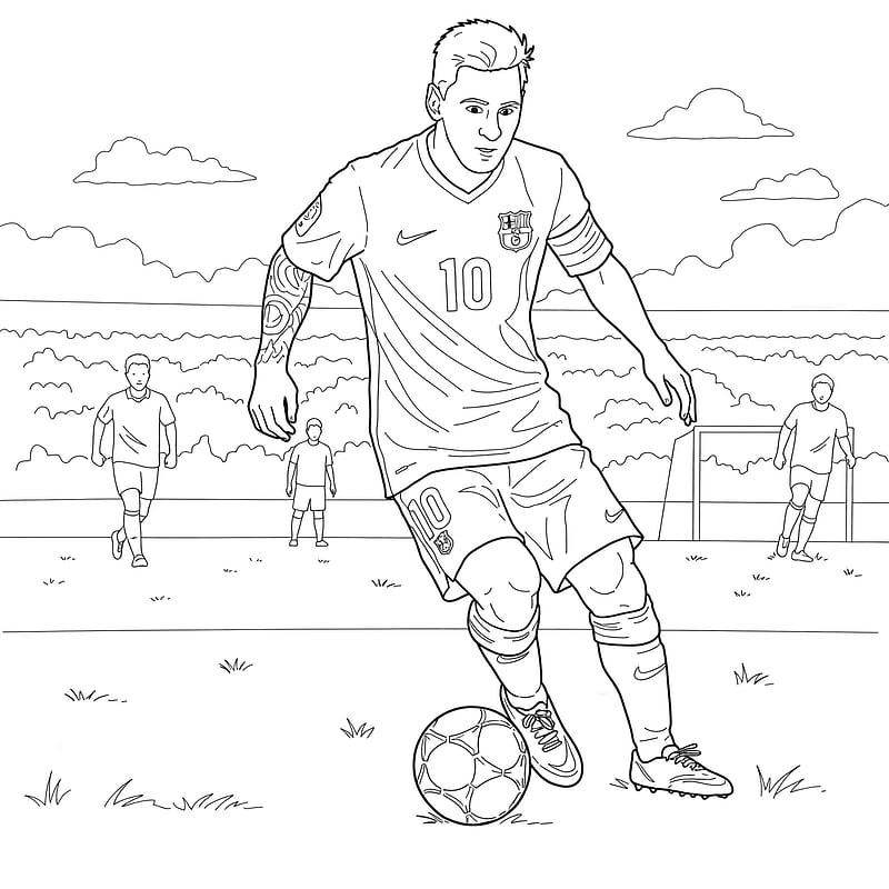 Lionel Messi Dribbling Soccer Ball Coloring Page coloring page