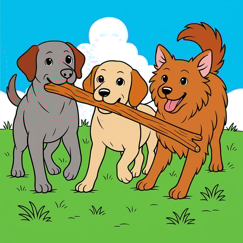 Three Happy Dogs Stick Fun Coloring Page colored reference