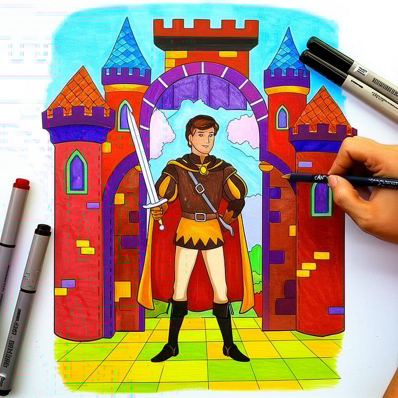 Valiant Prince at Castle Gates Coloring Page colored reference