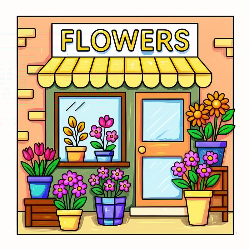 Charming Flower Shop Scene Coloring Page colored reference