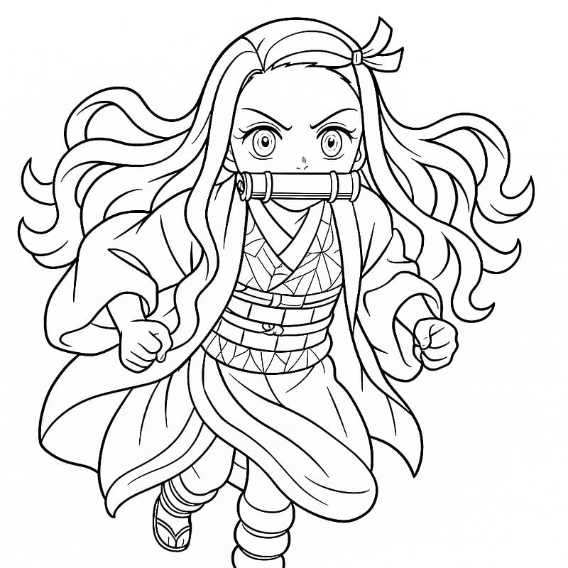 Chibi Nezuko Dashing Forward Coloring Page coloring page