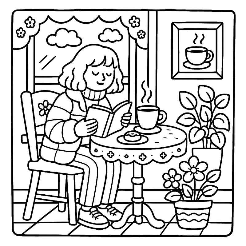 Cozy Cafe Reading Nook Coloring Page coloring page