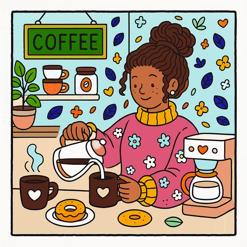 Cozy Coffee Pour Moment Coloring Page colored reference