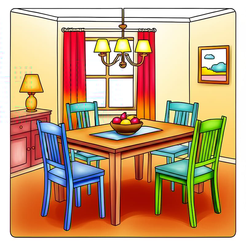 Cozy Dining Room Scene Coloring Page colored reference