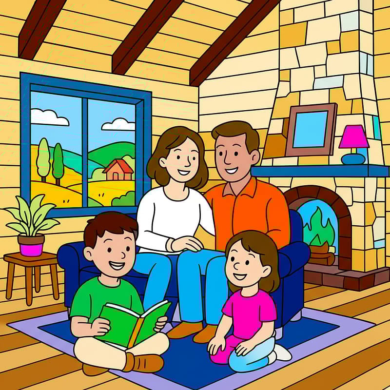 Cozy Family Reading Time Coloring Page colored reference