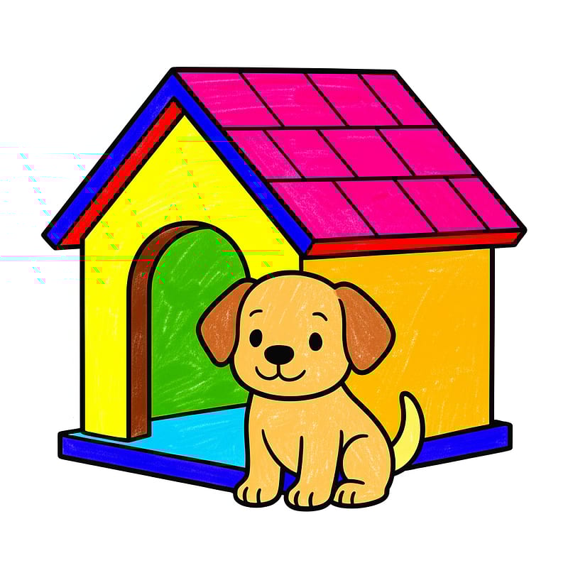 Cute Puppy Doghouse Coloring Page colored reference