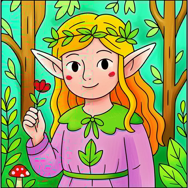Enchanting Forest Elf Maiden Coloring Page colored reference