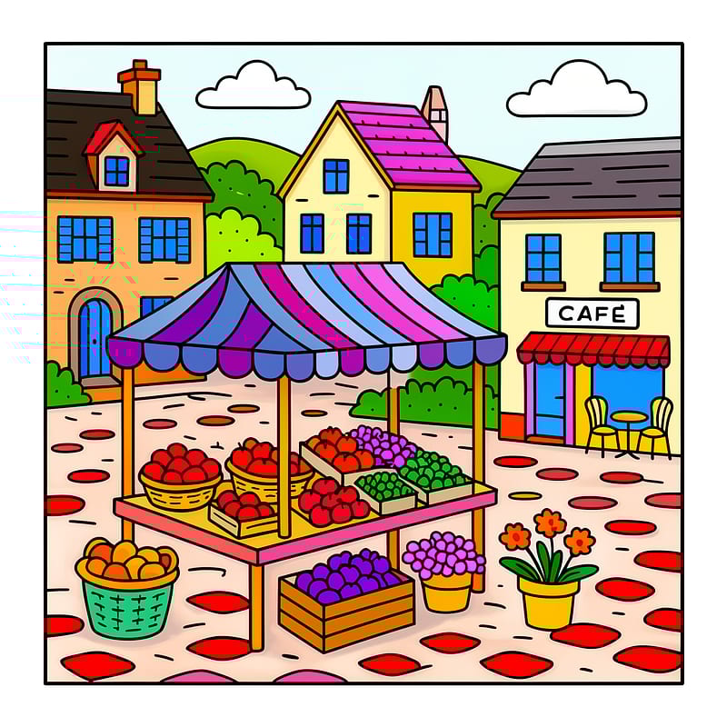 European Market Delight Coloring Page colored reference