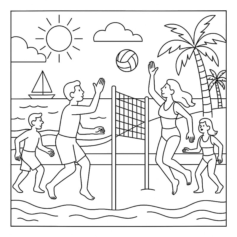 Family Beach Volleyball Fun Coloring Page coloring page