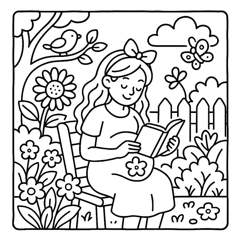 Peaceful Garden Reading Time coloring page