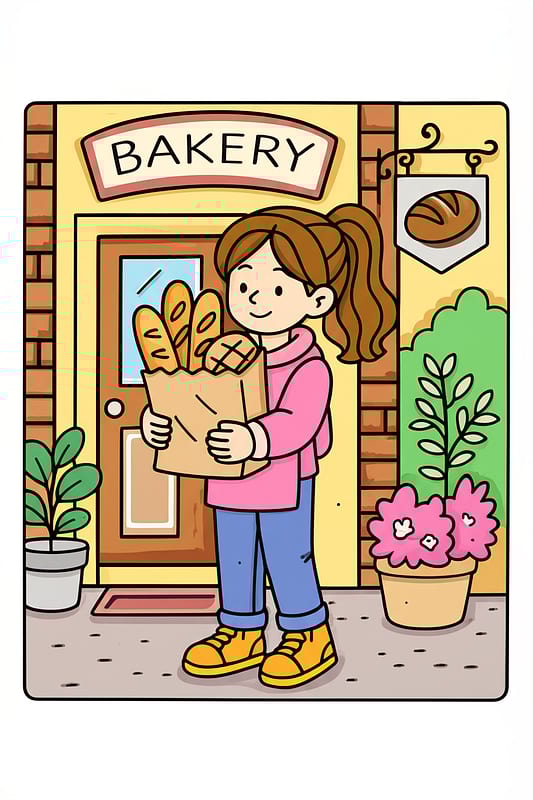 Girl with Fresh Bakery Bread Coloring Page colored reference