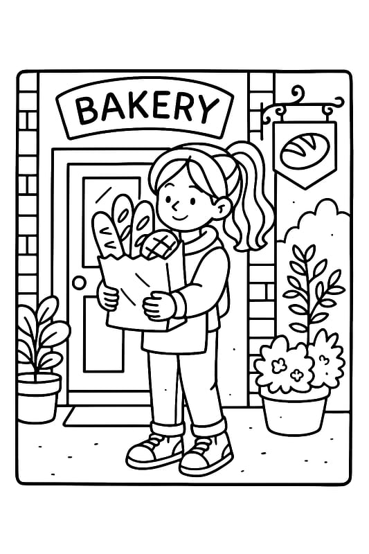 Girl with Fresh Bakery Bread Coloring Page coloring page