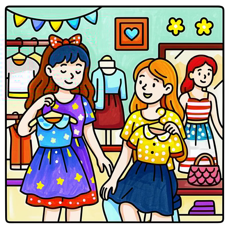 Girls' Boutique Adventure Coloring Page colored reference