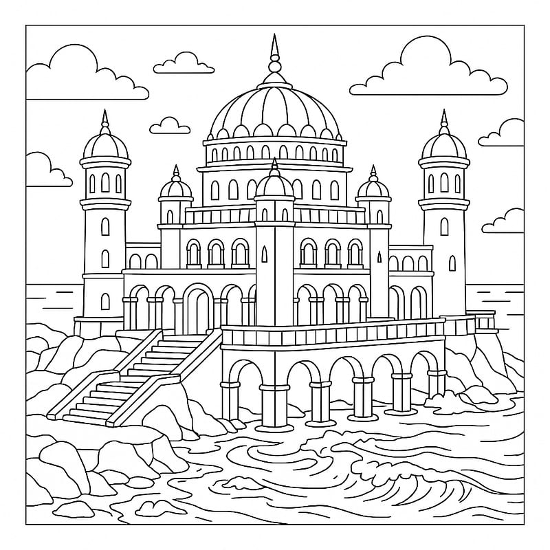 Majestic Seaside Palace Coloring Page coloring page