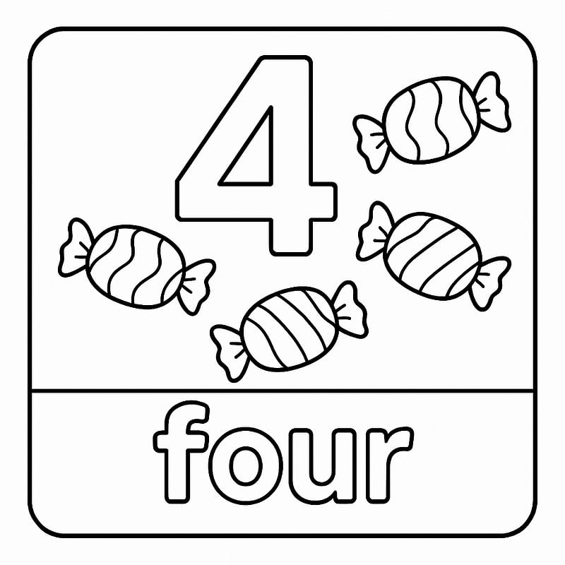 Number Four Candies Flashcard Coloring Page coloring page