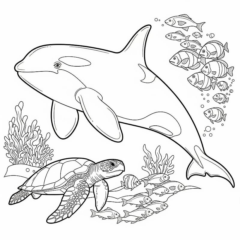 Orca and Turtle Ocean Adventure Coloring Page coloring page