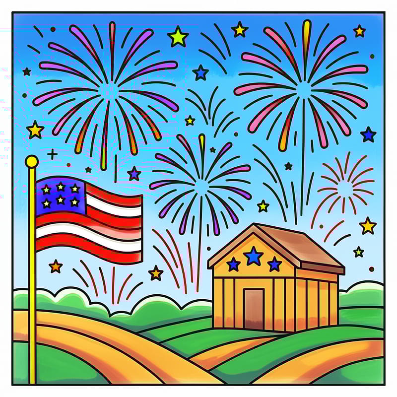 Patriotic Sky Explosions Coloring Page colored reference