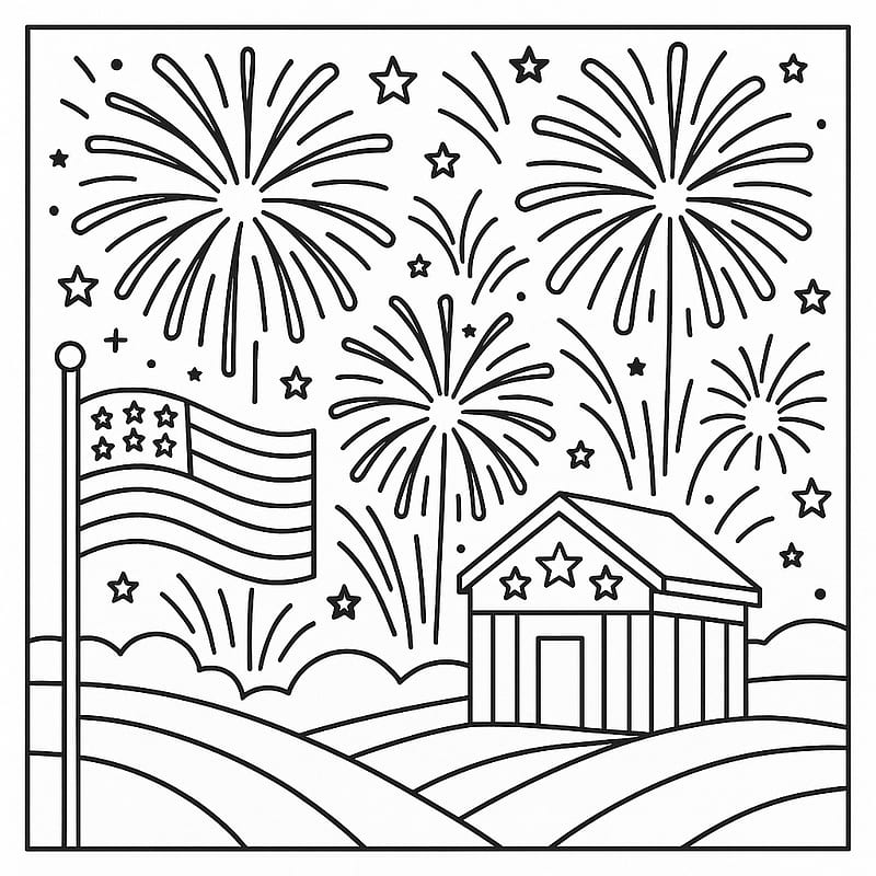 Patriotic Sky Explosions Coloring Page coloring page