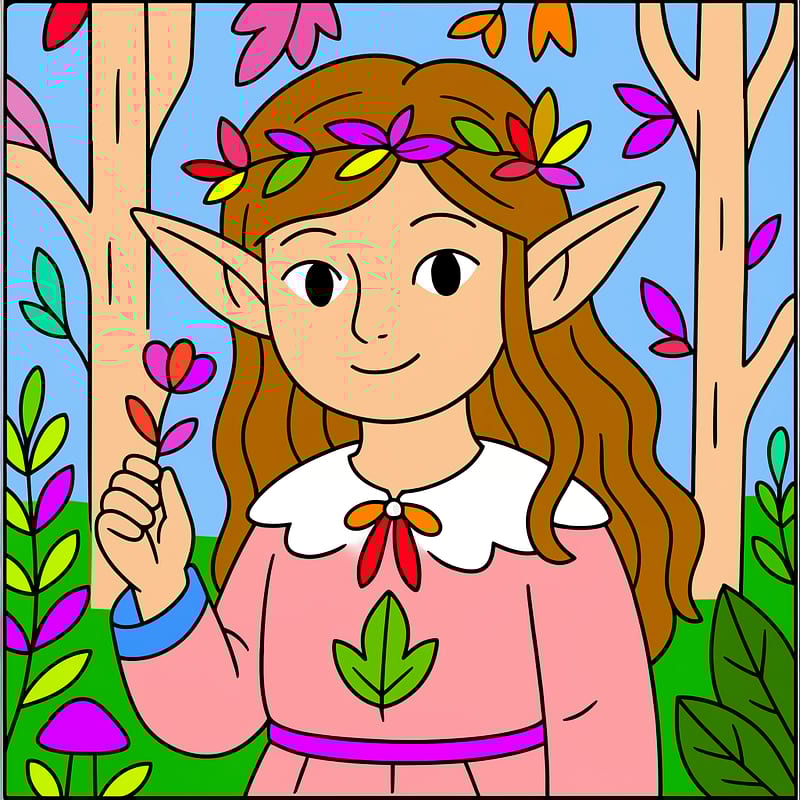 Woodland Elf Maiden's Bloom Coloring Page colored reference